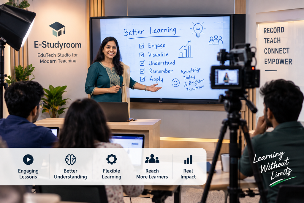 Video-based learning with an instructor teaching students in a modern Edu Tech studio
